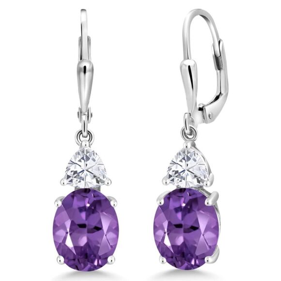 925 Sterling Silver with 5.54 Cttw Amethyst and White Moissanite Drop Earrings - Picture 1 of 4